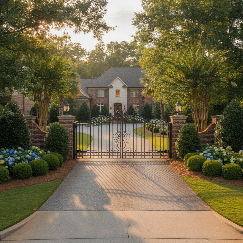 Black electric wrought-iron swing gate across the driveway of an upscale home