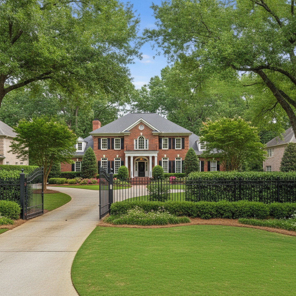 Upscale home with a wrought-iron driveway gate and fence in a Brookhaven, Georgia neighborhood near Ashford Park
