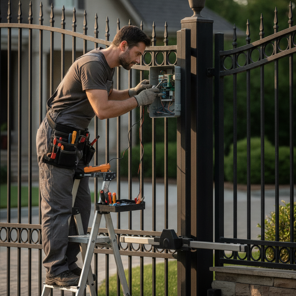 Gate repair technician working on the motor and control box of an electric driveway gate